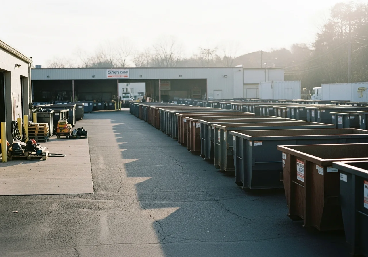 Dumpster rental fleet and equipment yard ready for service dispatch.