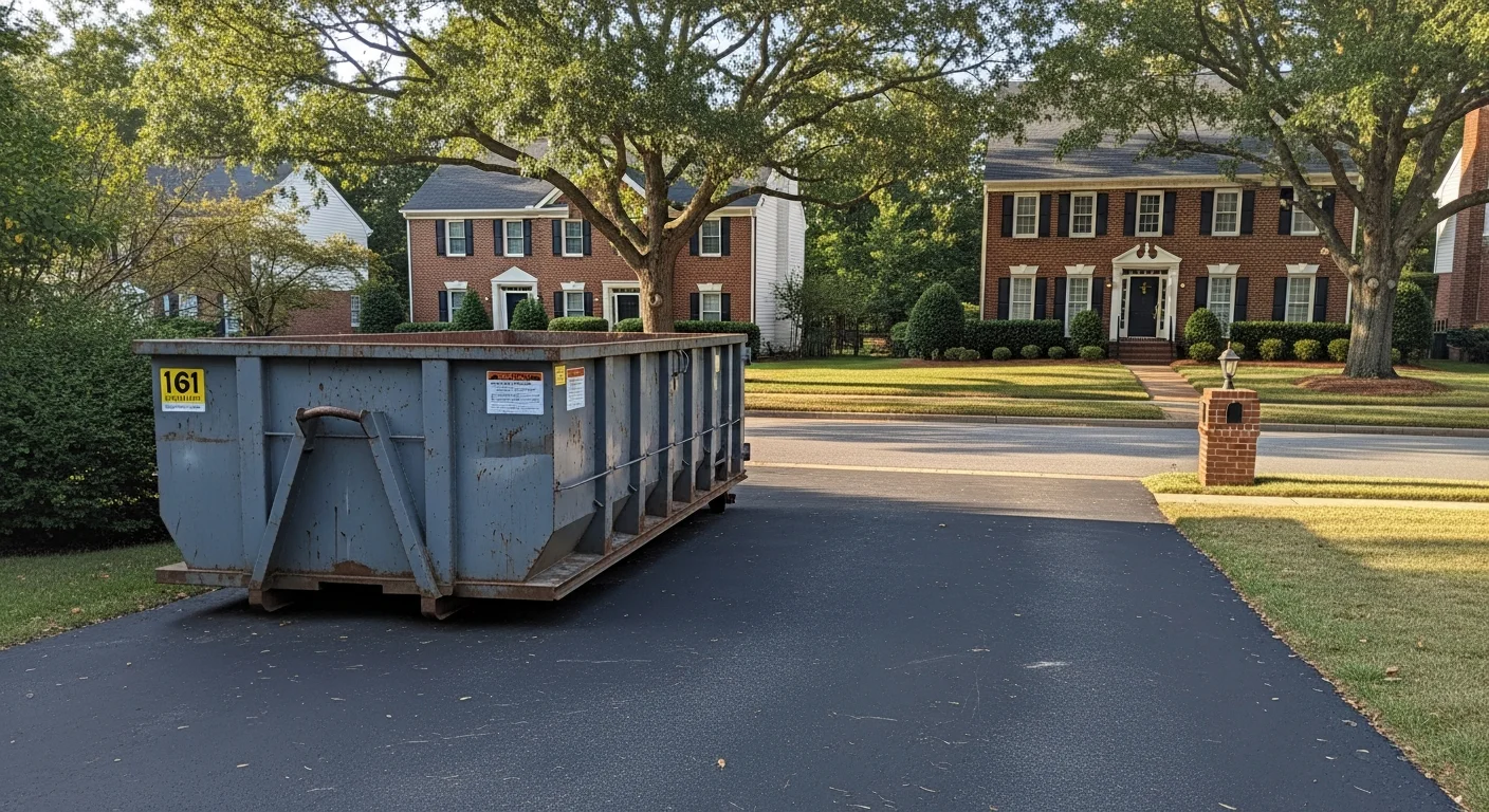 Dumpster rental truck at residential property in Baltimore County