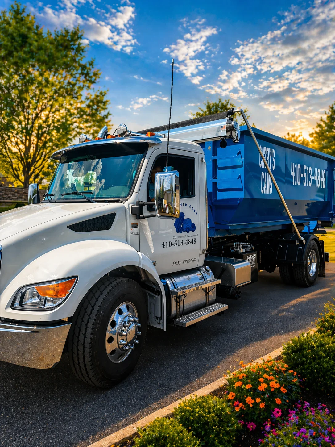 White commercial truck with blue 20-yard dumpster body and hydraulic lift system