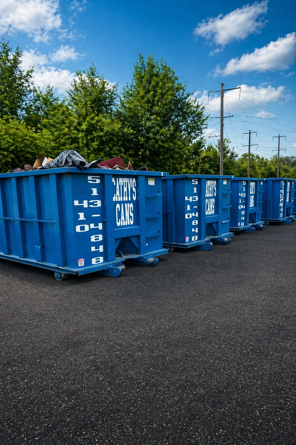 Row of blue 30-yard steel dumpsters with white lettering and identification numbers