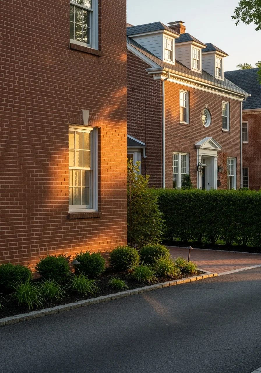 Close-up of a Baltimore County home exterior showing brick facade and established landscaping typical of county neighborhoods.