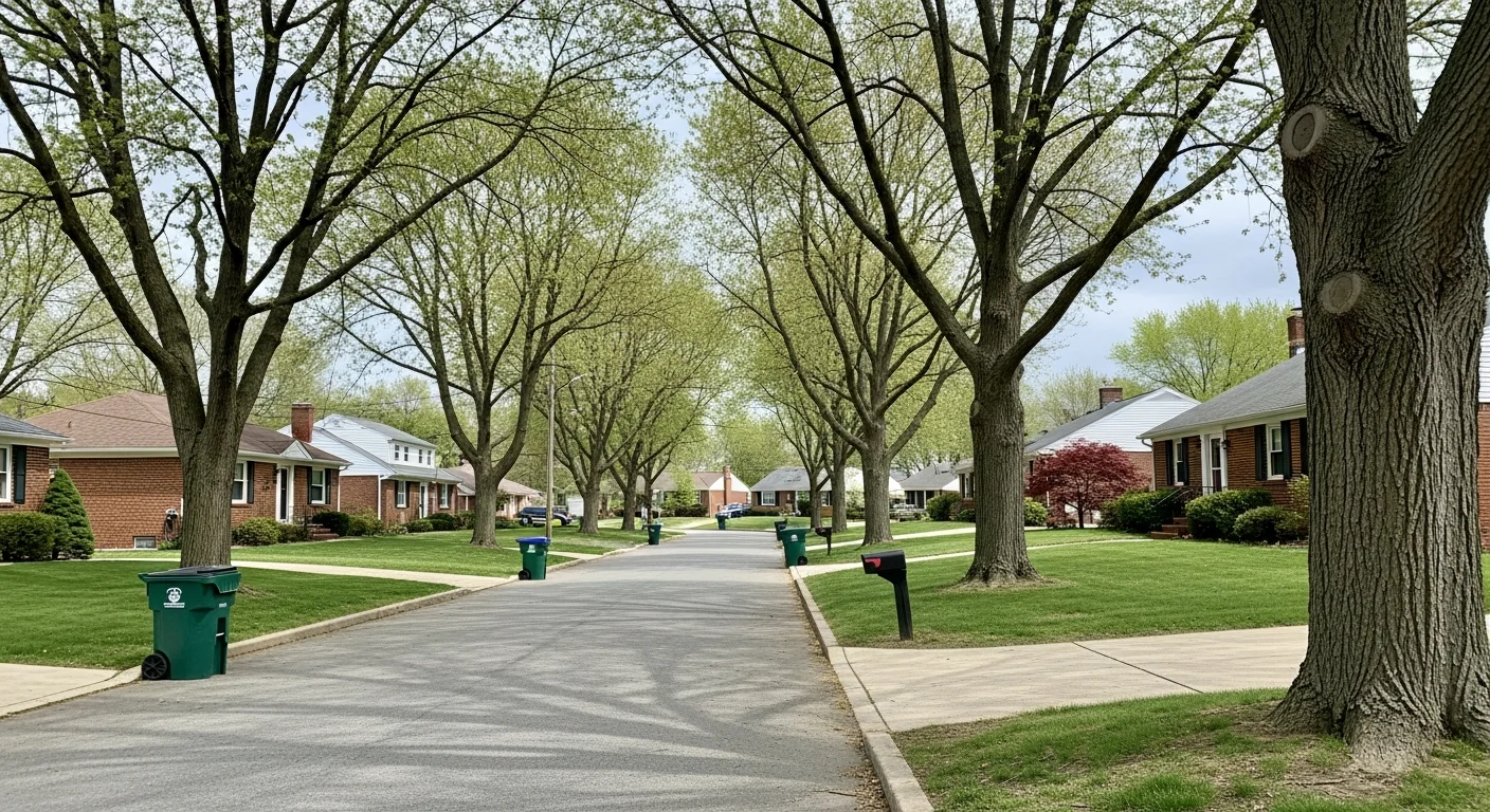Suburban Baltimore County street with mixed residential homes, mature trees, and typical mid-Atlantic architecture under clear sky.