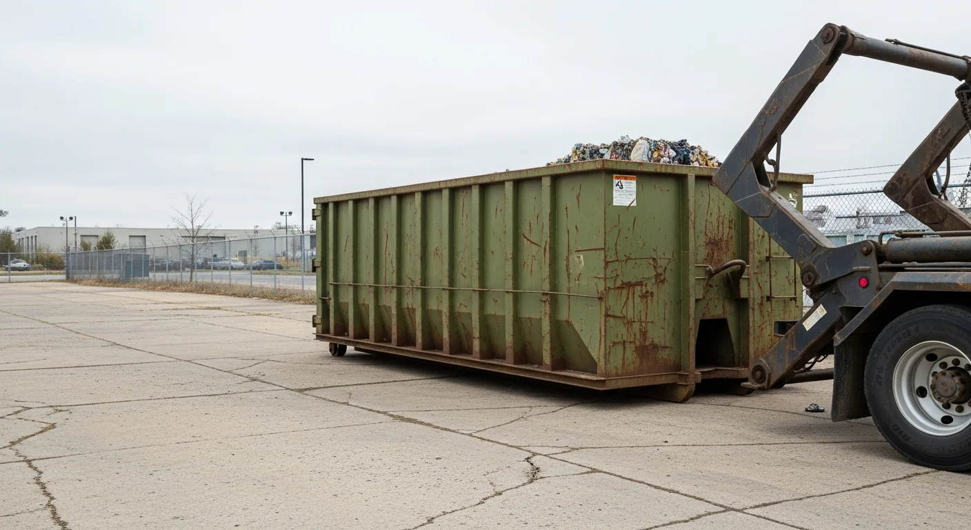 A large roll-off dumpster placed on a paved commercial lot in Baltimore County, filled with construction debris and bulk waste from an active renovation project. A commercial building is visible in the background with a cleared work area around the container.