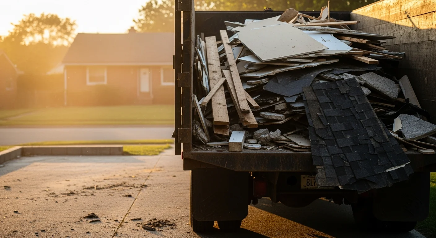 A cleared Baltimore County job site after construction debris removal, with a loaded haul truck parked beside a gutted residential property. Piles of drywall, lumber scraps, and roofing material have been removed from the driveway and staging area.