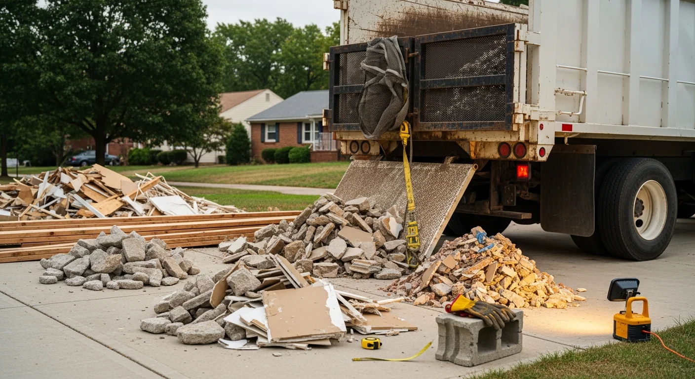 A cleared residential property in Baltimore County with a loaded debris haul truck parked in the driveway after a demolition waste removal job. Mixed renovation materials including concrete chunks and lumber scraps are visible in the truck bed.
