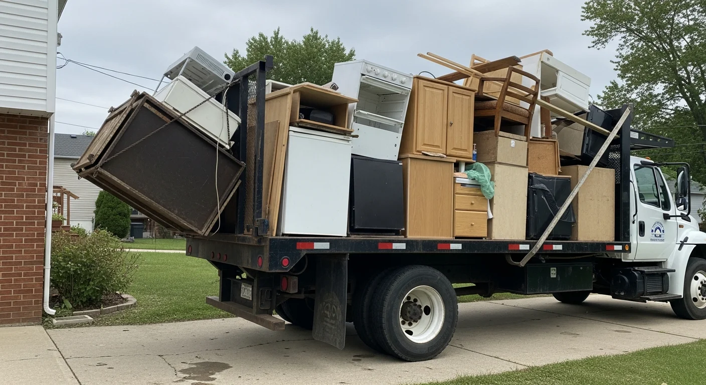 A cleared Baltimore County residential garage with empty floor space after junk removal, showing removed furniture and debris loaded into a waste hauling truck parked in the driveway. A Cathy's Cans crew member stands near the truck in a residential Baltimore County neighborhood.