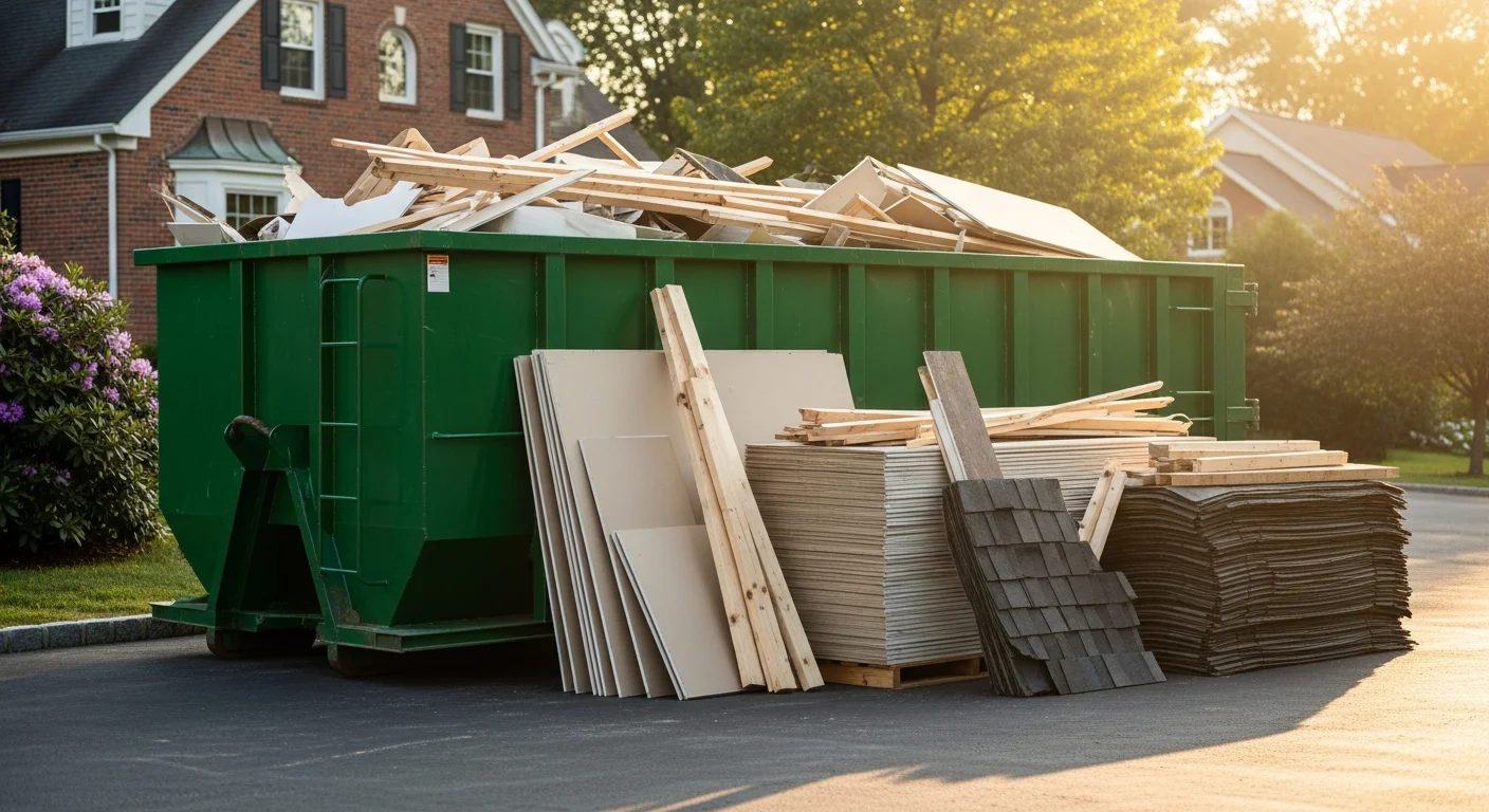 A roll-off dumpster placed on a residential driveway in Baltimore County, filled with renovation debris including wood scraps and drywall. The surrounding yard and home exterior are visible in the background.